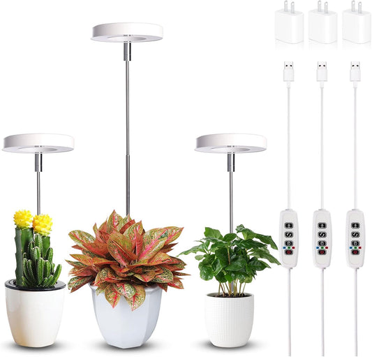 Grow Lights for Indoor Plants Small Potted - Full Spectrum, Auto 3/9/12H Timer, 10-Level Dimming & Adjustable Height - Compact Grow Light for Succulents, Herbs, Foliage in Home/Office (White,3PACKS)