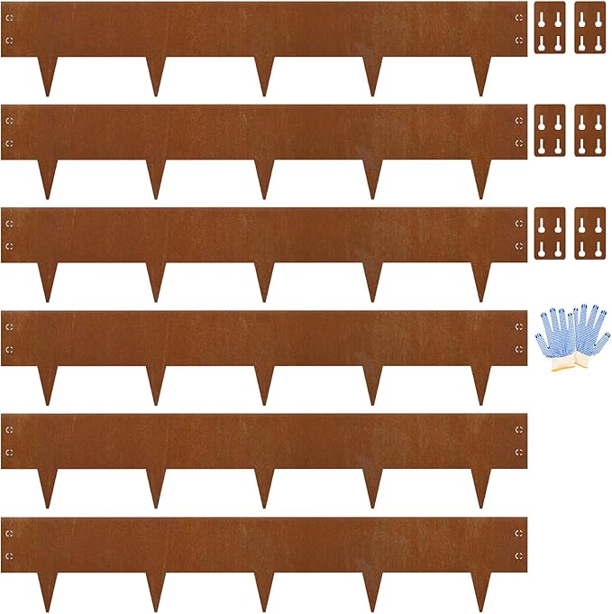 Heavy-Duty Cor-Ten Steel Landscape Edging (8" H x 40" L) - 6-Pack (20 Ft Total) | Pre-Rusted, Weatherproof Garden Border | Hammer-in, No Dig, Bendable Design for Lawns, Flower Beds & Trees