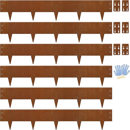 Heavy-Duty Cor-Ten Steel Landscape Edging (8" H x 40" L) - 6-Pack (20 Ft Total) | Pre-Rusted, Weatherproof Garden Border | Hammer-in, No Dig, Bendable Design for Lawns, Flower Beds & Trees