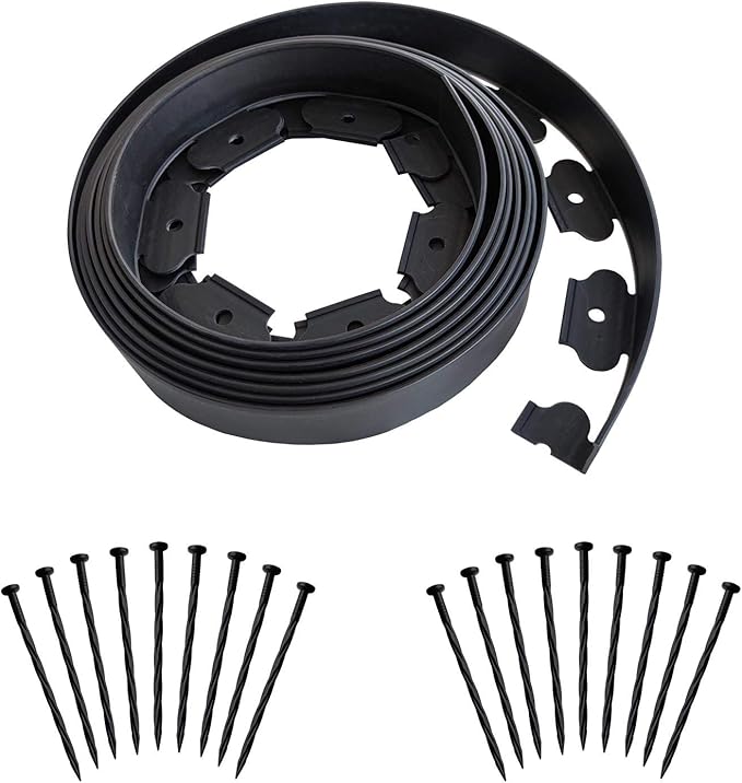 Landscape Edging 20ft Length No Digging Garden Edging Kit Include 18 Spikes, Premium Yard Edging Fence with One Spike per Feet, Black