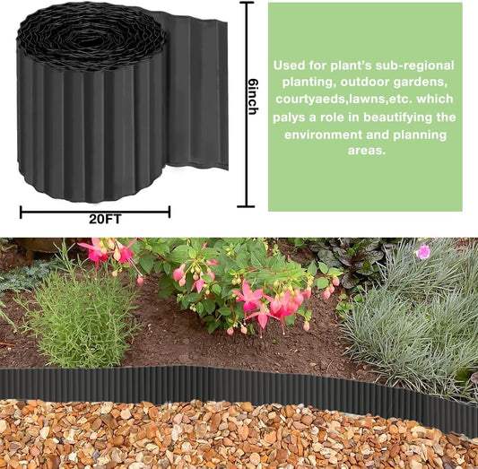 Landscape Edging Border 6inch x 20ft- Corrugated Metal Garden Edging - Lawn Edging Borders - Galvanized Edging Long Strips Yard Border for DIY Flower Beds, Plants, Walkways-Black