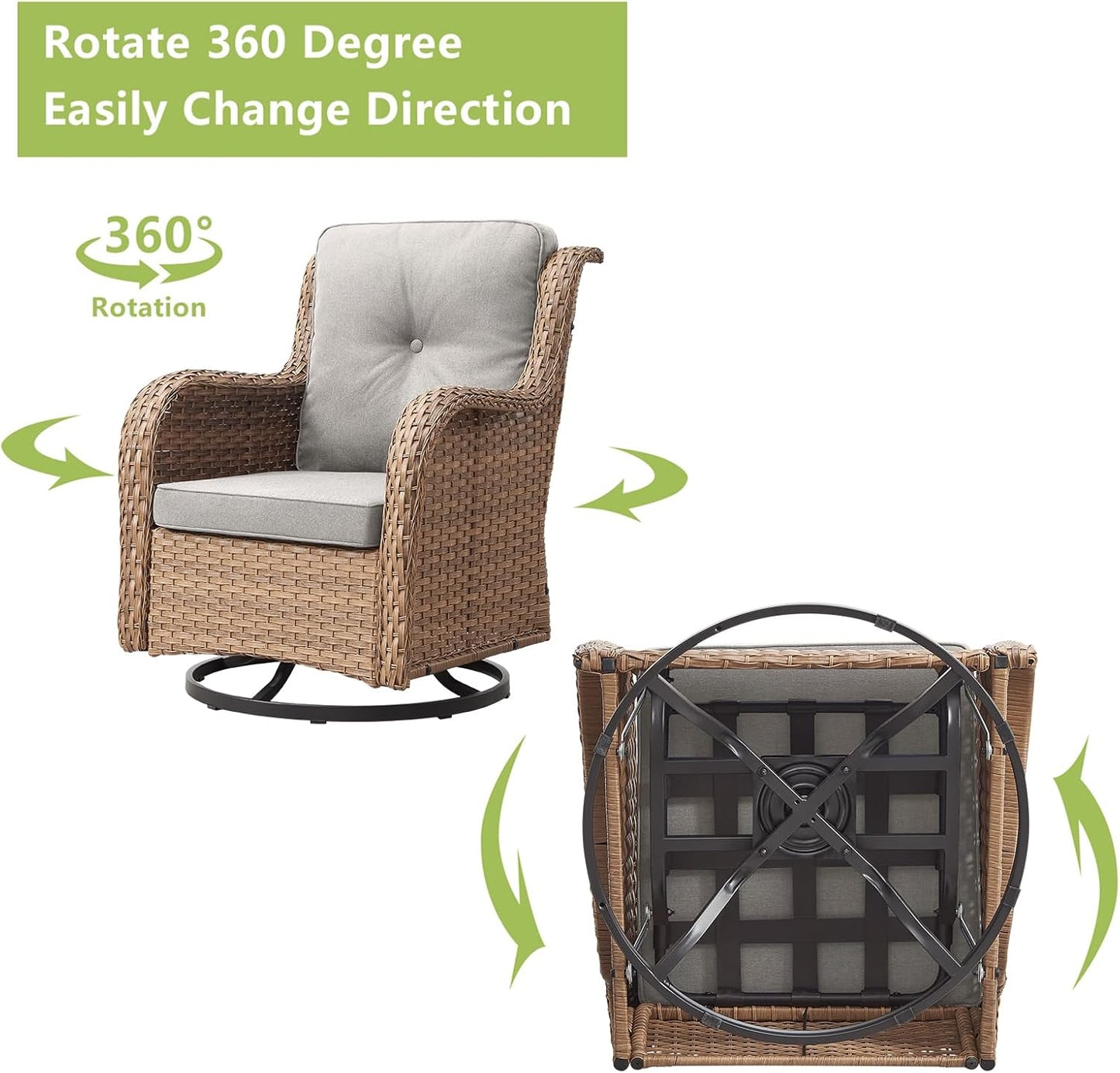 Outdoor Wicker Patio Furniture Set - 6 Piece Rattan Patio Conversation Set with 2 Rocking Swivel Chairs,2 Ottomans,1 Loveseat and 1 Coffee Table for Porch Deck Backyard Garden(Yellow/Beige)