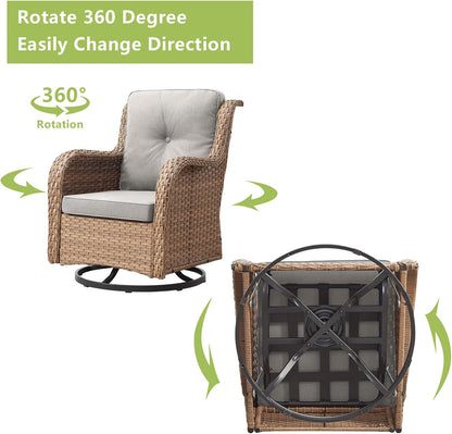 Outdoor Wicker Patio Furniture Set - 5 Pieces Rattan Patio Conversation Set with 2 Rocking Swivel Chairs,2 Ottomans and 1 Side Table for Porch Deck Backyard Garden(Yellow/Beige)