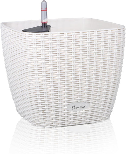 Dexceder 11x10 Self Watering Planter Indoor Outdoor, Inner Mat Design, Thickened Table Flower Plant Pot with Water Level Indicator (Ivory White Rattan)