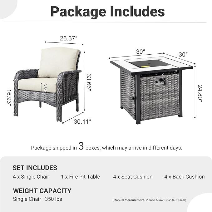 ovios 4 Pieces Patio Furniture Set with 30" Fire Pit Table, Outdoor Wicker Chairs of 4, All Weather High Back Rattan Chairs 4-Seater with Comfy Cushions, Beige