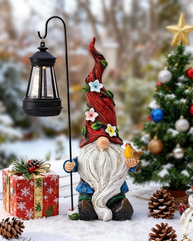 Christmas Gnomes Outdoor Statue with Solar Lights,Solar Garden Gnomes Decorations for Yard Patio Outside Gnome Garden Decor, Gnomes Gifts for Women Mom