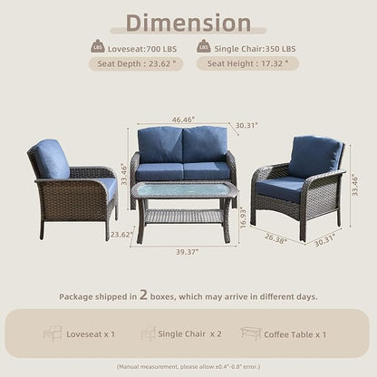 4-Piece Wicker Patio Furniture Set, All-Weather Rattan Conversation Bistro Loveseat Chair and Table Set for Backyard, Balcony and Deck with Soft Cushions and Metal Table(Blue)