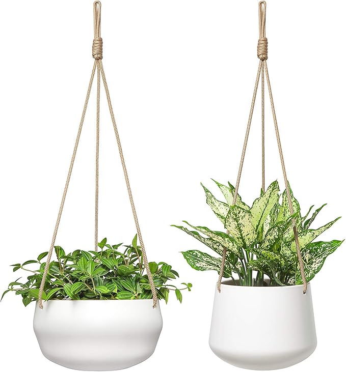Mkono Ceramic Hanging Planter of Shallow 8 Inch and Deep 6 Inch for Indoor Outdoor Plants, Set of 2 Modern Plant Pot Geometric Porcelain Hanging Basket with Polyester Rope Hanger