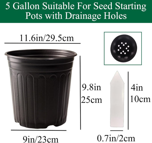 25 Pack 5 Gallon Flexible Plant Nursery Pots Plastic Seedling Starting Pots with Drainage Holes Soft Flower Pots Plant Container with Plant Labels, Black