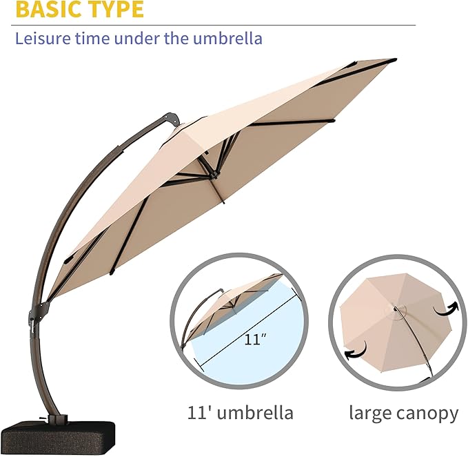 Kingdura 12ft Offset Cantilever Patio Umbrella with Base Included, Large Round Aluminum Outdoor Umbrella, 360° Rotation & Infinite Tilt, Heavy Duty Frame for Deck Pool Backyard, Beige