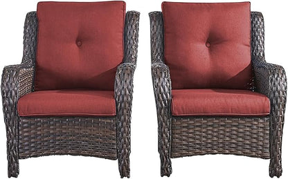 Rilyson Patio Furniture Chairs Outdoor Chair - 2 Piece Wicker Rattan Chairs Set with High Back and Deep Seating for Deck Porch Balcony Backyard Garden(Brown/Red)