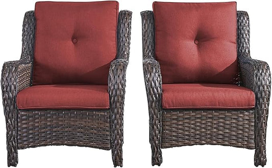 Rilyson Patio Furniture Chairs Outdoor Chair - 2 Piece Wicker Rattan Chairs Set with High Back and Deep Seating for Deck Porch Balcony Backyard Garden(Brown/Red)