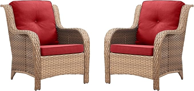 Rilyson Patio Furniture Chairs Outdoor Chair - 2 Piece Wicker Rattan Chairs Set with High Back and Deep Seating for Deck Porch Balcony Backyard Garden(Yellow/Red)