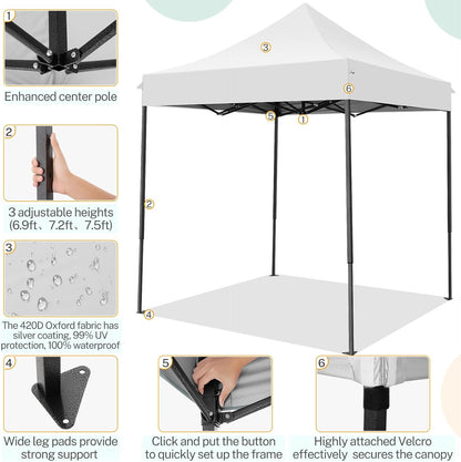 COBIZI 6.6x6.6 Pop up Canopy Tent Heavy Duty Without Sidewalls, Easy Set-up Commercial Outdoor Party Tent, 100% Waterproof Wedding Gazebo, 3 Height Adjustable with Carry Bag, White