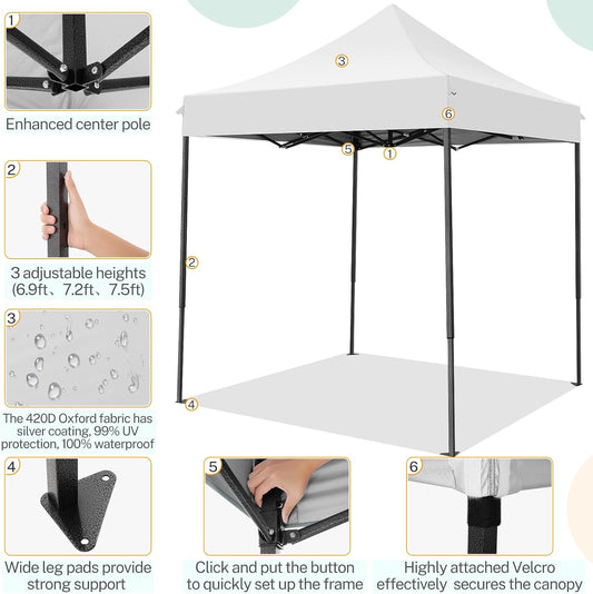 COBIZI 6.6x6.6 Pop up Canopy Tent Heavy Duty Without Sidewalls, Easy Set-up Commercial Outdoor Party Tent, 100% Waterproof Wedding Gazebo, 3 Height Adjustable with Carry Bag, White