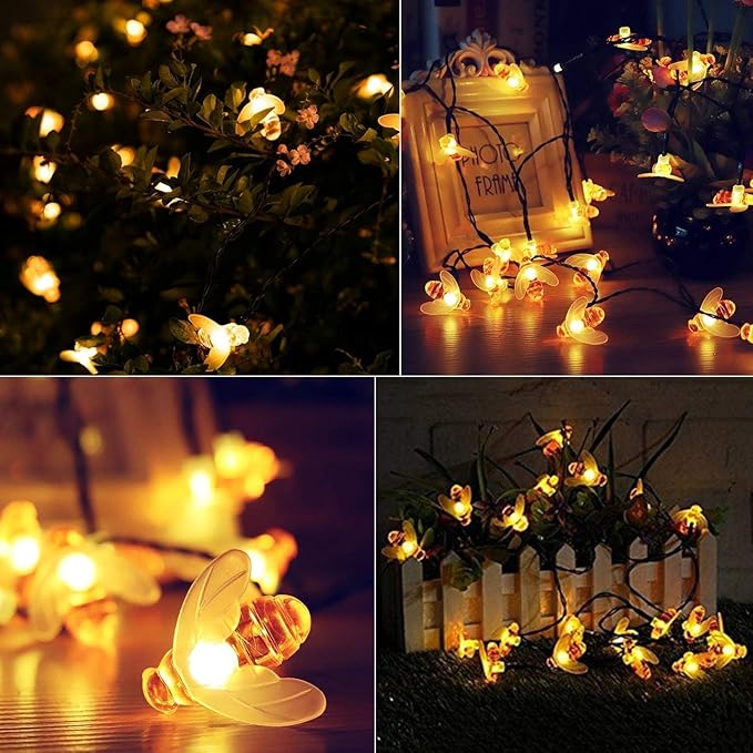 Solar Bee String Lights Outdoor 31FT 50 LED Honeybee Fairy Lights with 8 Lighting Modes, Waterproof Solar Bumble Bee for Patio Yard Garden Grass Wedding Christmas Party Decor, Warm White