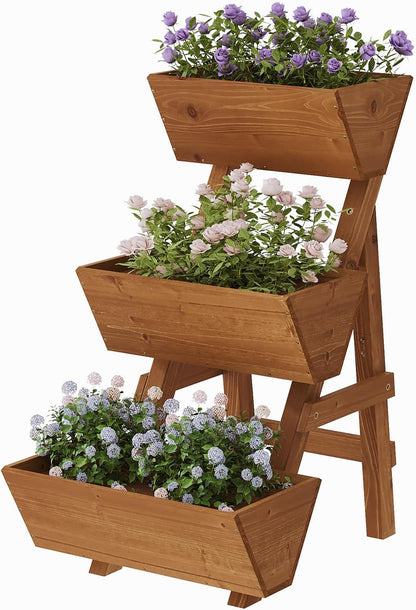 3-Tiers Wooden Raised Garden Bed Tiered Planter Box Vertical Garden Planter Wood Plant Stand for Patio, Balcony, Freestanding. (Brown S)