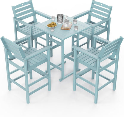 5-Piece Bar Height Outdoor Table and Chairs Set, HDPE Wood Grain Patio Bar Table and Chairs with Heart Cutout Design, Weather-Resistant Bar Height Furniture for Deck, Porch, Pool (Light Blue)