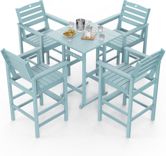 5-Piece Bar Height Outdoor Table and Chairs Set, HDPE Wood Grain Patio Bar Table and Chairs with Heart Cutout Design, Weather-Resistant Bar Height Furniture for Deck, Porch, Pool (Light Blue)