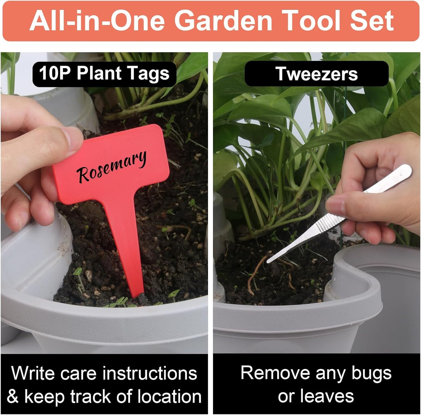 DUNCHATY Stackable Planter, Vertical Strawberry Planter with Garen Tool Set, Self Watering Garden Planter Indoor/Outdoor 7 Tier Herb Planter Pots for Growing Vegetables and Succulents, Gray