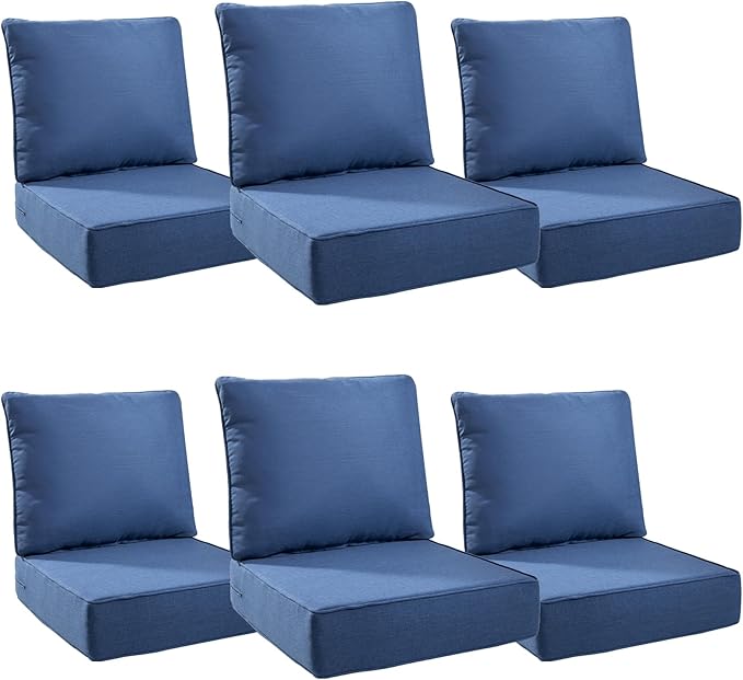 Luxury 6" Outdoor Cushions for Patio Furniture, 24x24x6" Thick Seat Cushion Set of 6, Fade Resistant Couch Chair Replacement Cushions High Density Deep Wicker Chair Cushion w/ Removable Cover, Blue