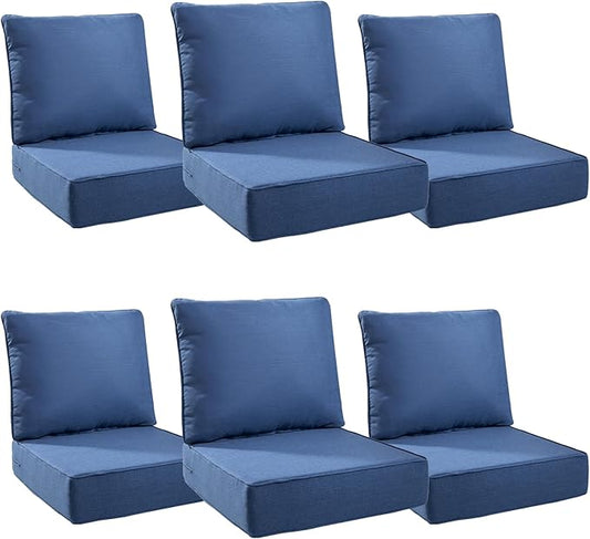 Luxury 6" Outdoor Cushions for Patio Furniture, 24x24x6" Thick Seat Cushion Set of 6, Fade Resistant Couch Chair Replacement Cushions High Density Deep Wicker Chair Cushion w/ Removable Cover, Blue