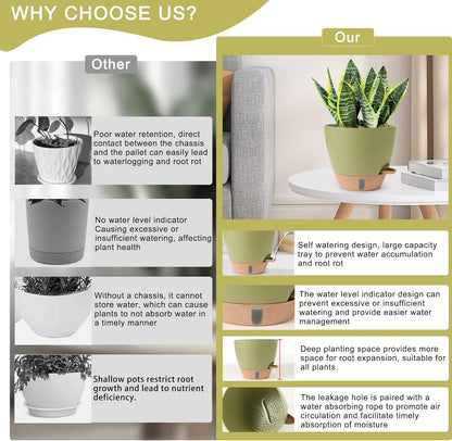 Plant Pots,12/10/9/8/ Inch Large Plastic Self Watering Flower Pots Indoor Outdoor with Drainage Holes, Deep Reservoir,Nursery Planting Pot for Indoor Out Door Plants