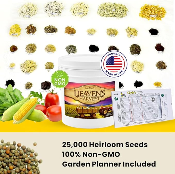 Heaven’s Harvest - 10 Year Survival Or Homestead Garden | 25k+ Heirloom Vegetable Seed Bank Kit | Includes Free Clyde’s Garden Planner & Seed Vault Storage Drum | Non-GMO
