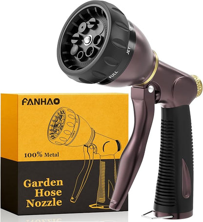 FANHAO Heavy Duty Garden Hose Nozzle, 100% Metal Water Nozzle with 8 Adjustable Spray Patterns, High Pressure Hose Sprayer with Non-Slip Grip for Watering Plants & Lawns, Washing Cars & Pets -Bronze