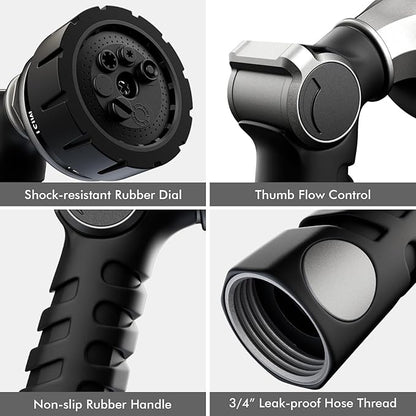 RESTMO Heavy Duty Hose Nozzle, Metal Garden Water Hose Sprayer with 7 Watering Patterns, Thumb Control, On Off Valve, High Pressure Nozzle Sprayer for Watering Plants, Car and Pet Washing, Silver