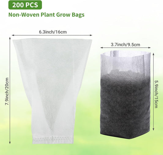 GREANER 200PCS Biodegradable Nursery Bags, 6.3"x7.8" Thickened Non-Woven Fabric Plant Seeding Grow Bags, Planting Seed Starting Pots Pouches for Flower Vegetable, Home or Outdoor Garden Supply