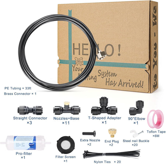 Misters for Outside Patio, 59ft Misting Line + Filter + 23 Brass Misting Nozzles +Brass Adapter(3/4") Misting System for Garden, Greenhouse, Trampoline and Chicken Coop