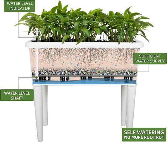 Dexceder 13.2 Gallon Self Watering Raised Garden Bed with Ventilation Transparent Lid Greenhouse, Deepen Vegetable Flower Box Planter Pot with Removeble Legs & Water Level Indicator (White)