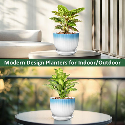 8 Inch Plant Pot, Ceramic Planter with Drainage and Saucer, Ceramic Pots for Plants, Indoor Plant pots,Ceramic Flower pots(Blue + White, Plants NOT Included)