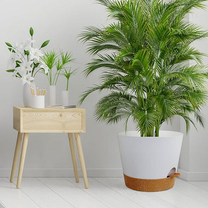 12 inch Large Self Watering Pots for Indoor Outdoor Plants, Flower Plant Pots with Drainage Holes for Garden House Plants, Plastic Planters with Reservoir for Home, White with Brown