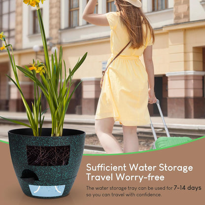 Plant Pots 10/9/8/7.5/7 inch, Self Watering Planters with Drainage Holes & Saucers for Indoor and Outdoor Plants (Green Speckles)