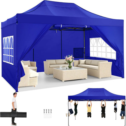 COBIZI 10x15 Pop up Canopy Tent Heavy Duty with 4 Sidewalls, Easy Set-up Commercial Outdoor Party Tent, 100% Waterproof Wedding Canopy Gazebo, 3 Height Adjustable with Handbag, Dark Blue