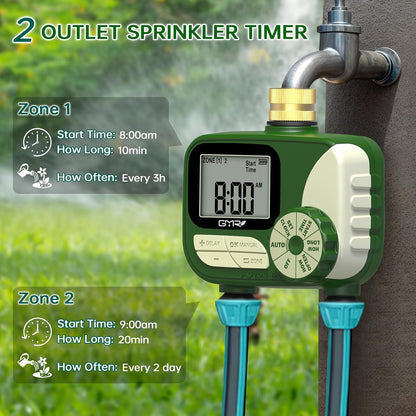 GMR Hose Timers for Watering, Sprinkler Timer Outdoor with Brass Inlet, Water Timer for Garden Hose with Rain Delay/Manual/Auto Irrigation System, Programmable Garden Hose Timer for Yard, 2 Outlet