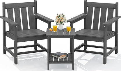 SERWALL 3 Pieces Patio Bistro Set, All Weather Adirondack Chair Set with Side Table, HDPE Material Outdoor Patio Furniture Set for Balcony, Porch, Garden, Backyard- Gray