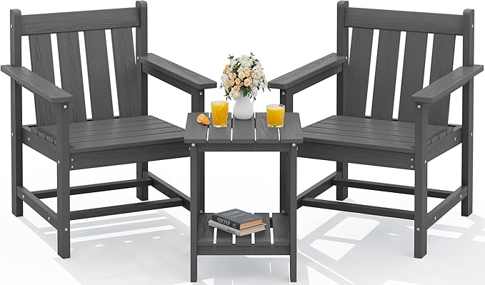 SERWALL Patio Furniture Set, HDPE Material All Weather Use Adirondack Chair Set with Side Table for Balcony, Porch, Garden, Backyard- Gray
