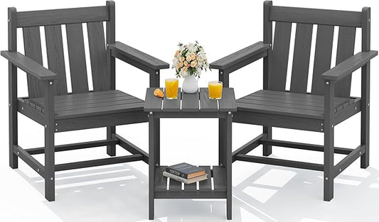 SERWALL Patio Furniture Set, HDPE Material All Weather Use Adirondack Chair Set with Side Table for Balcony, Porch, Garden, Backyard- Gray
