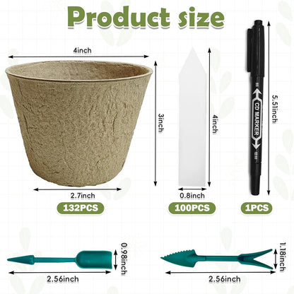 PINVNBY 132 PCS Plant Pots 4 Inch Peat Pots for Seedlings with 100 Pcs Plant Labels Biodegradable Nursery Pots with Drainage Holes for Indoor and Outdoor Planting