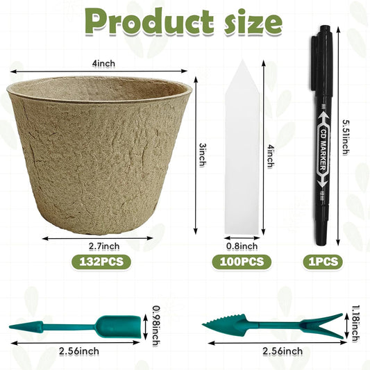 PINVNBY 132 PCS Plant Pots 4 Inch Peat Pots for Seedlings with 100 Pcs Plant Labels Biodegradable Nursery Pots with Drainage Holes for Indoor and Outdoor Planting