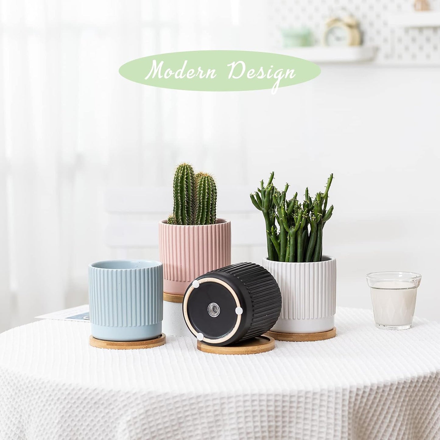 AOMRYOM 4.25 Inch Ceramic Plant Pots with Drainage Holes and Trays, Small Flower Planters Home Decor for Indoor Plants, Succulents, Cactus, Herbs, Multi-Color Stripe, 4 Packs (Plant Not Included)