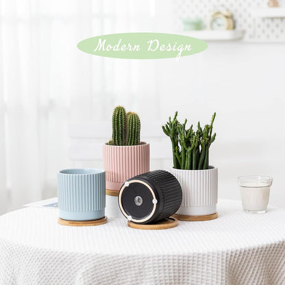 AOMRYOM 4.25 Inch Ceramic Plant Pots with Drainage Holes and Trays, Small Flower Planters Home Decor for Indoor Plants, Succulents, Cactus, Herbs, Multi-Color Stripe, 4 Packs (Plant Not Included)