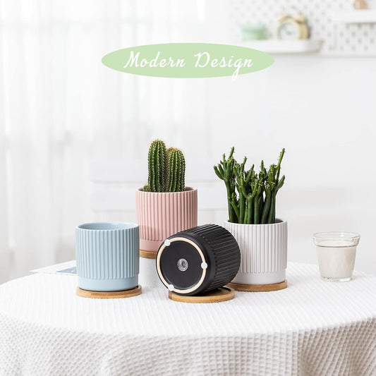 AOMRYOM 4.25 Inch Ceramic Plant Pots with Drainage Holes and Trays, Small Flower Planters Home Decor for Indoor Plants, Succulents, Cactus, Herbs, Multi-Color Stripe, 4 Packs (Plant Not Included)