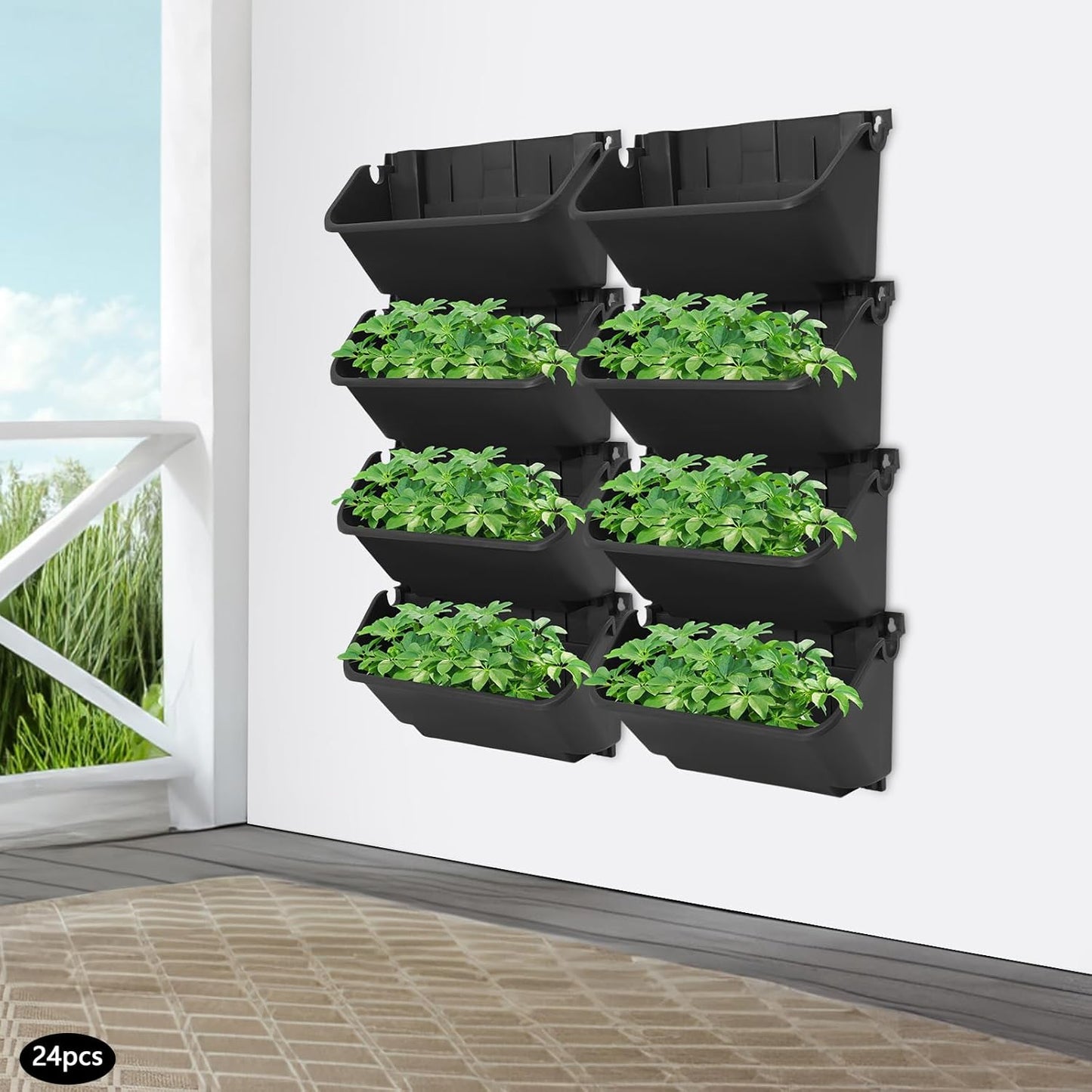 Eapmic Vertical Wall Planter with 24 Pots, Hanging Garden Plant Flowerpot Holder, Stackable Wall-Mounted Planter, Balcony Planters for Flowers Vegetables Fruits (Black, 24 Pots)