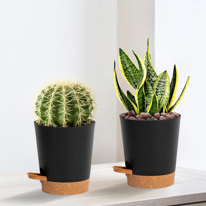 4 inch Small Plant Pots for Outdoor Indoor Plants, 5 Pack Planters with Drainage Holes and Tray, Small Self Watering Pots for Succulent,Cactus, Aloe and Other Plants (Black)