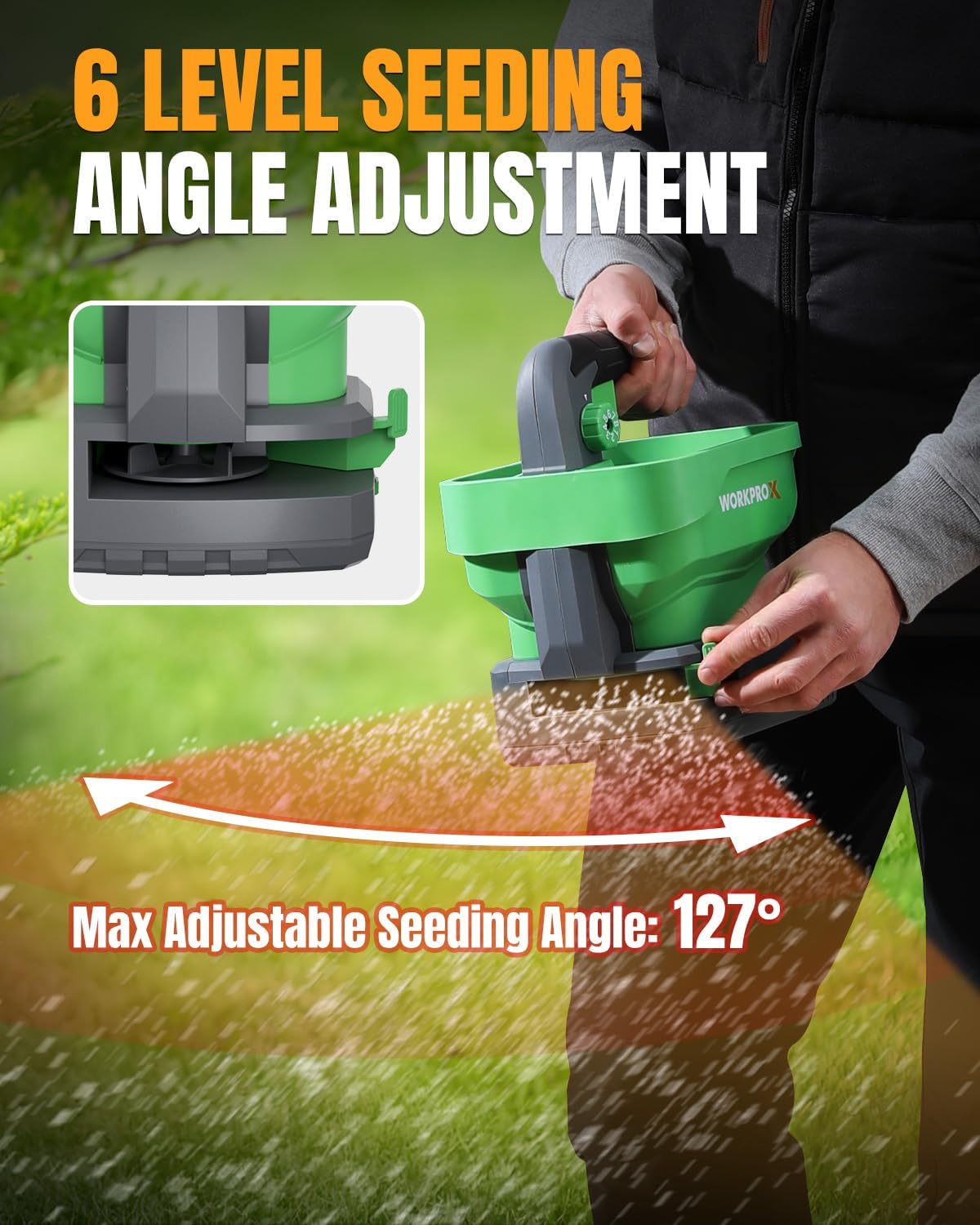 WORKPROX Battery Powered Fertilizer Spreader, 7.2V Seed Spreader for Salt, De-Icer, Earth Food, Rechargeable Grass Seed Spreader with 8-Level Settings and Holds up to 6458 sq.ft. of Product