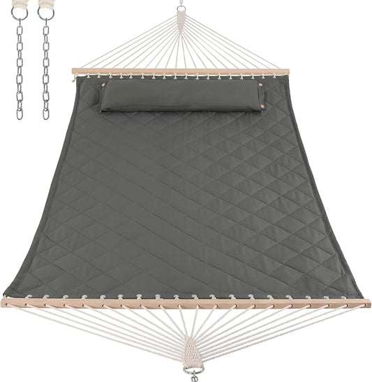 ANOW 2 Person Hammock with Spreader Bars and Detachable Pillow, Quilted Hammock for Outdoors Indoors, 450 LBS Weight Capacity, Gray